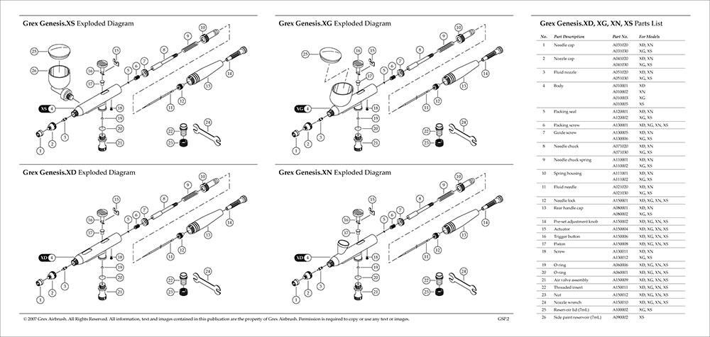 Grex Genesis XS, XG, XD, XN Airbrush Parts