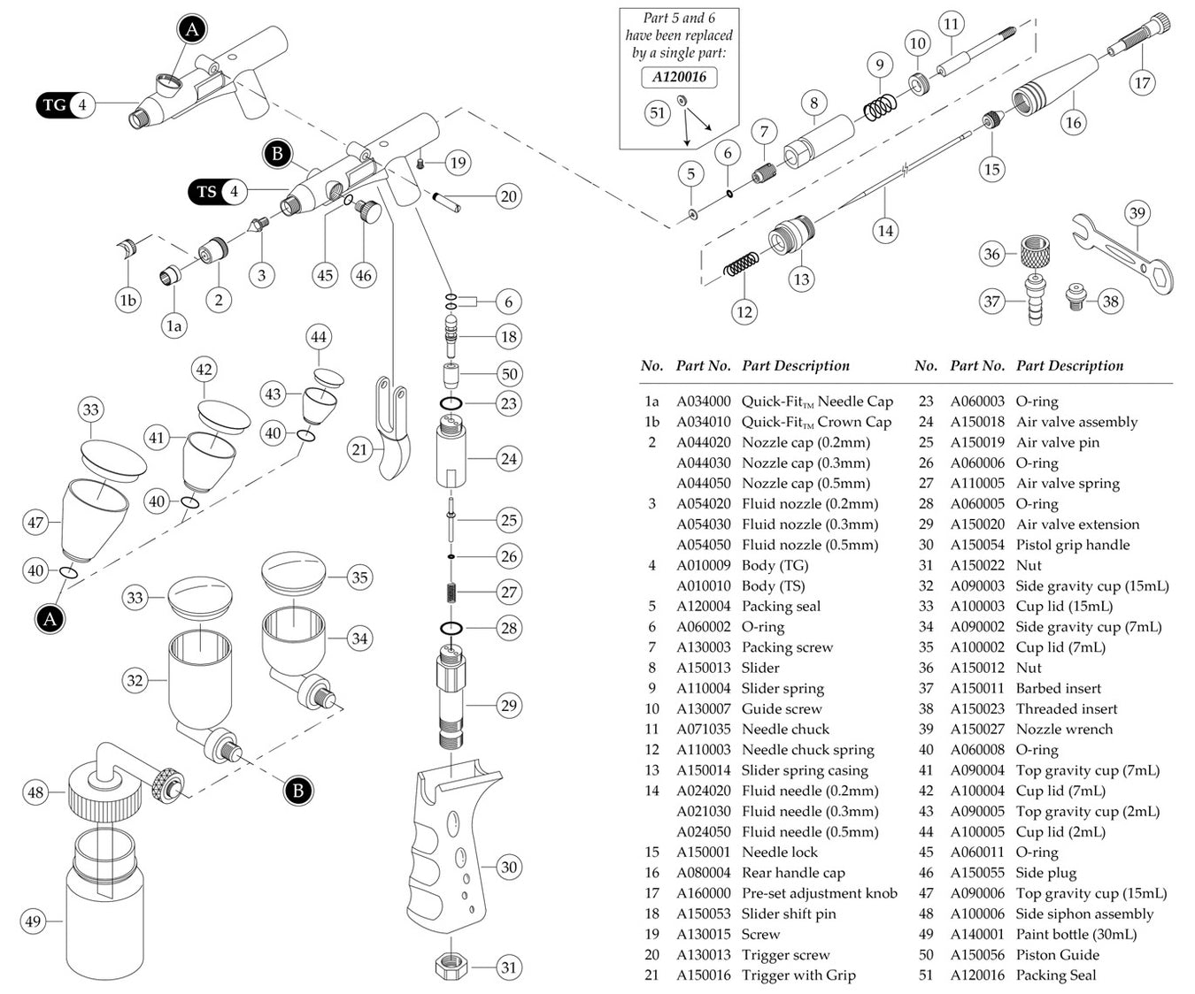 Grex Tritium TG and Tritium TS Airbrush Parts